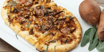 Autumn Pizza A long pizza topped with autumnal ingredients