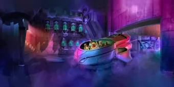 Justice League: Warworld Attacks Two rows of guests sat in ride vehicle shaped like futuristic car in a dark building. They're wearing 3D goggles and in the background the wall has many test tubes lined up with green substances in them.