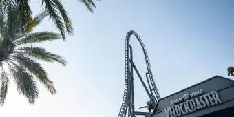 Looking up at the drop on Jurassic World VelociCoaster from the entrance of the attraction