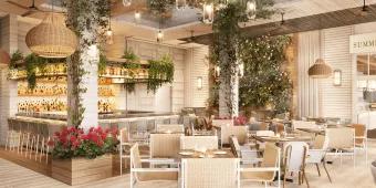 Summer House on the Lake in Disney Springs A pristine white restaurant with white and beige chairs and small square tables. Around there are purple flowers in wooden boxes and leaves hanging from the ceiling and decorated around the white beams. It looks very modern with low hanging circular lights.