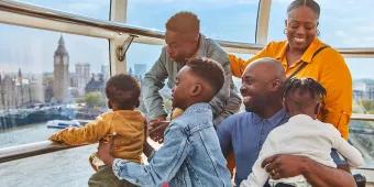 Visiting London with Kids A family looking at Big Ben and the Thames from the London Eye