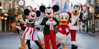 Walt Disney World in Resort Christmas Road down to a pink and blue castle. There are christmas reefs and Mickey Mouse, Minnie Mouse, Donald Duck, Pluto and Goofy are stood in the middle.