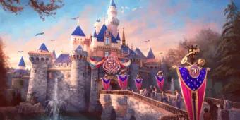 Disneyland Resort in California Concept art of the pink ad blue castle decorated with bright pink and blue decorations to match and a huge medallion in the centre with 70 on.
