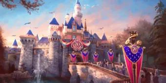 Disneyland Resort in Kalifornien Konzeptgrafik des rosafarbenen und blauen Schlosses, das mit leuchtend rosafarbenen und blauen Dekorationen geschmückt ist und in dessen Mitte ein riesiges Medaillon mit der Zahl 70 zu sehen ist.