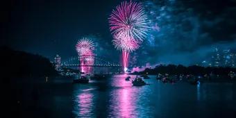 Silvesterfeuerwerk in Sydney Das Silvesterfeuerwerk in Sydney erhellt den Hafen über der Harbour Bridge in Rosa und Blau
