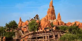 Big Thunder Mountain at Disneyland Paris Looking over a river towards Big Thunder Mountain roller coaster