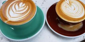 Two coffee cups with designs on top in mugs, one mint and the other dark red.