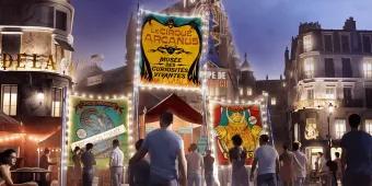 Exterior of Le Cirque Arcanu, with flashing lights and paper signs in the streets of paris