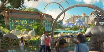 Celestial Park in Universal Epic Universe Artist concept art of entrance with people walking beside a lake with a stone statue of woman and in the background there is a space themed hotel.