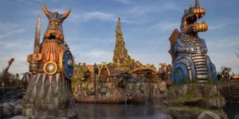 Large Viking statues on a lake guarding an island village