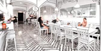 Black and white cartoon furniture inside of a restaurant, with people sat at tables with sauces on.