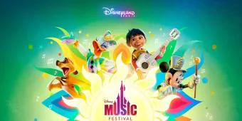 Logo for Disney Music Festival at Disneyland Paris, including Miguel from Coco playing a guitar, minnie mouse in marching band attire and Timone from the lion king singing.