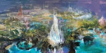 Disney park in Abu Dhabi Concept art of Disney park coming to Yas Island including lots of trees, lakes and large structures that aren't very clear.