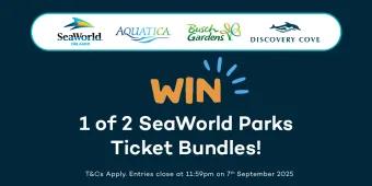 Banner with text saying "Win 1 of 2 SeaWorld Parks Ticket Bundles. Above there are some logos, one saying SeaWorld, Aquatica, Busch Gardens and Discovery Cove
