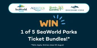 Banner with text saying "Win 1 of 5 SeaWorld Parks Ticket Bundles. Above there are some logos, one saying SeaWorld, Aquatica, Busch Gardens and Discovery Cove