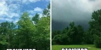 A meme which says "florida weather in a nutshell, front yard" with a photo of a clear sky ad then "backyard" with a stormy sky.