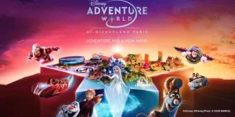 Disney Adventure World at Disneyland® Paris, featuring the World of Frozen, Avengers Campus, and characters like Elsa, Iron Man, and Remy.