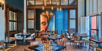 The modern, stylish interior of a restaurant at the Walt Disney World Dolphin Resort