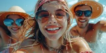A close-up selfie of three smiling friends wearing sunglasses and summer hats splashing in bright blue water.