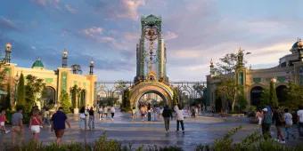 Clock tower and archway at Celestial Park, the central hub of Universal's Epic Universe.
