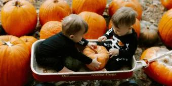 Two toddlers in skeleton costumes sit in a red Radio Flyer wagon at a pumpkin patch, holding a pumpkin between them.
