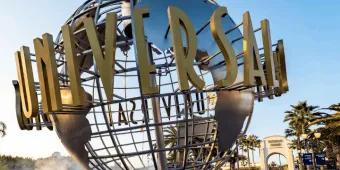 The iconic Universal Studios revolving globe monument at the theme park's entrance plaza