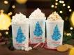 SeaWorld Christmas Celebration Three hot chocolates topped with cream in cups with Christmas trees and the writing "SeaWorld's Christmas Celebration" written on them