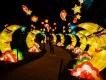 Asian Lantern Festival at Central Florida Zoo A woman standing on a path lined with large crescent moon shaped lanterns and stars