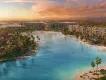 Evermore Resort in Orlando Concept art of a hotel surrounding a beach and lagoon