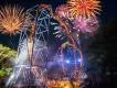 Events at Busch Gardens Large brightly coloured fireworks in the night sky above a tall and steep rollercoaster