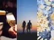 Valentine's Day Gift Guide A collage of three photos - the first is champagne being poured into a glass, the second a couple standing in front of a sunset and the third a counter covered in fresh pasta