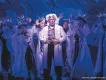 Back to the Future The Musical Doc Brown wearing a white lab coat standing centre stage in front of dancers also wearing lab coats