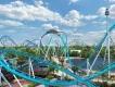 Pipeline: The Surf Coaster A computer-generated image of a rollercoaster with a light blue track and a yellow ride vehicle going over a drop
