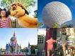 Park Hopping at Walt Disney World Resort A collage of images including Cinderella Castle, Spaceship Earth, and young girl with Timon and two men jumping