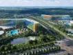 Universal Stella Nova and Terra Luna Resorts Concept art of two curve-shaped hotels next to each other with multi-coloured panelling