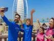 Family taking selfie in front of Burj al Arab, Wild Wadi Waterpark in Dubai