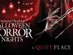 A Quiet Place at Halloween Horror Nights A girl standing with her finger over her lips behind claw marks, next to the words Universal Studios Halloween Horror Nights