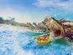 Yas Waterworld There are 6 slides ending up in a pool which end with people zooming out of an open snake's mouth statue. Everyone is sat in either a single or a double rubber ring.