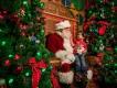 Christmas at Disney Springs Santa Claus sat on wooden throne with a child sat on his lap touching his white beard. There are many christmas trees on either side decorated in pretty green and red decorations including baubles and bows.