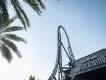 Jurassic World VelociCoaster Looking up at the drop on Jurassic World VelociCoaster from the entrance of the attraction