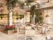 Summer House on the Lake in Disney Springs A pristine white restaurant with white and beige chairs and small square tables. Around there are purple flowers in wooden boxes and leaves hanging from the ceiling and decorated around the white beams. It looks very modern with low hanging circular lights.