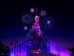 Sleeping Beauty Castle Castle lit neon pink in the night sky with purple fountains below. There are also pink fireworks in the sky.