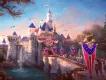 Disneyland Resort in California  Concept art of the pink ad blue castle decorated with bright pink and blue decorations to match and a huge medallion in the centre with 70 on.