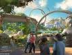 Celestial Park in Universal Epic Universe Artist concept art of entrance with people walking beside a lake with a stone statue of woman and in the background there is a space themed hotel.