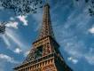 A view looking up at the Eiffel Tower in Paris