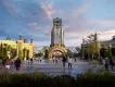 Clock tower and archway at Celestial Park, the central hub of Universal's Epic Universe.