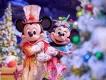 Mickey and Minnie Mouse wearing festive holiday outfits posing in front of snow-flocked Christmas trees