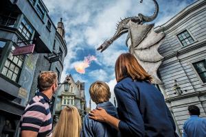 Family exploring Diagon Alley at Universal Studios Florida