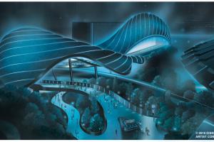 Concept art of the futuristic TRON Lightcycle / Run ride building in Tomorrowland