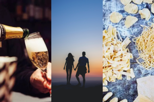 A collage of three photos - the first is champagne being poured into a glass, the second a couple standing in front of a sunset and the third a counter covered in fresh pasta